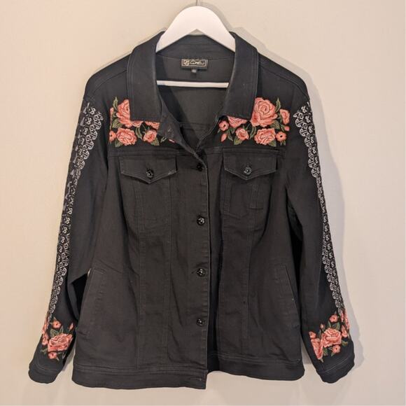 DG2 Diane Gilman Denim Jacket Embroidery Floral Art To Wear Unique - Size 2XL - Picture 1 of 9